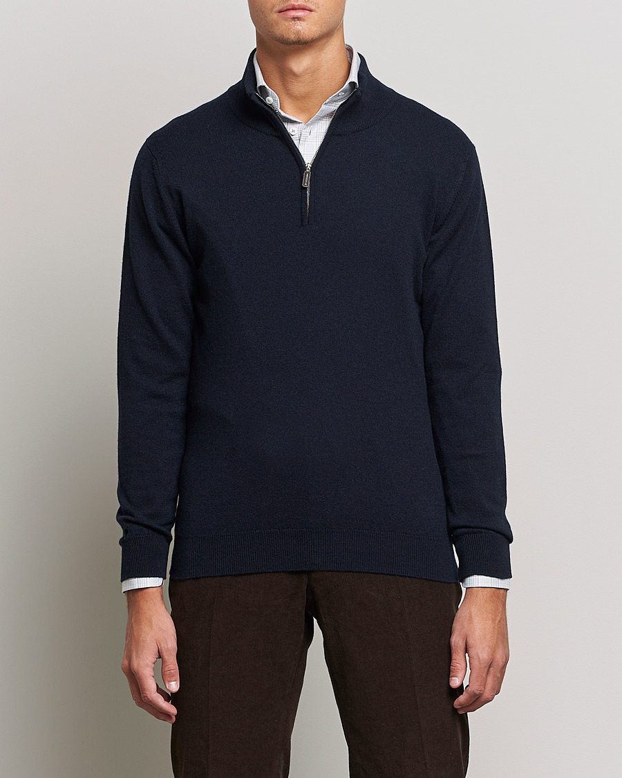 Uomini | Maglieria | Johnstons of Elgin | 2-Ply Cashmer Half Zip Dark Navy