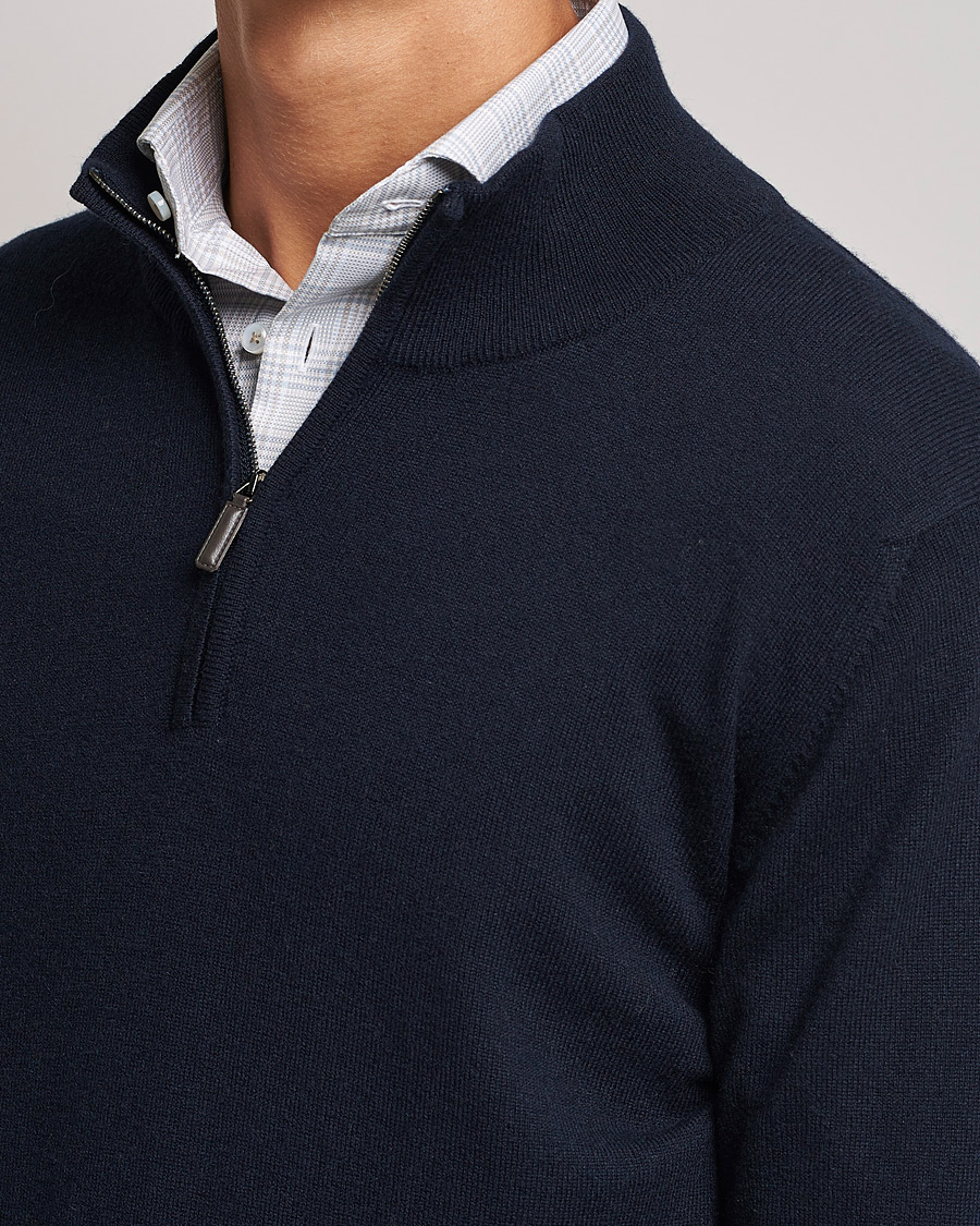 Uomini | Maglieria | Johnstons of Elgin | 2-Ply Cashmer Half Zip Dark Navy