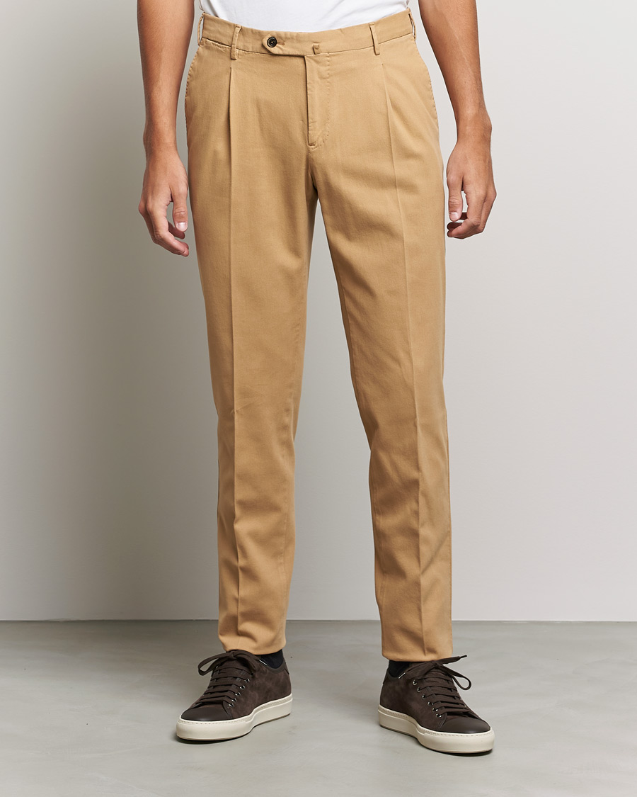 Uomini | Pantaloni | PT01 | Slim Fit Pleated Cotton Stretch Chinos Khaki