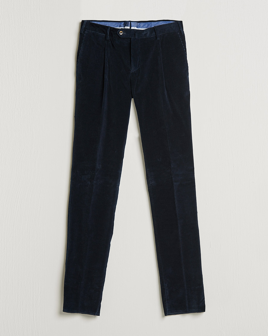 Uomini | Pantaloni | PT01 | Slim Fit Pleated Corduroy Trousers Navy