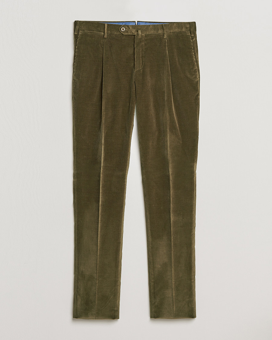 Uomini | Pantaloni | PT01 | Slim Fit Pleated Corduroy Trousers Forest Green
