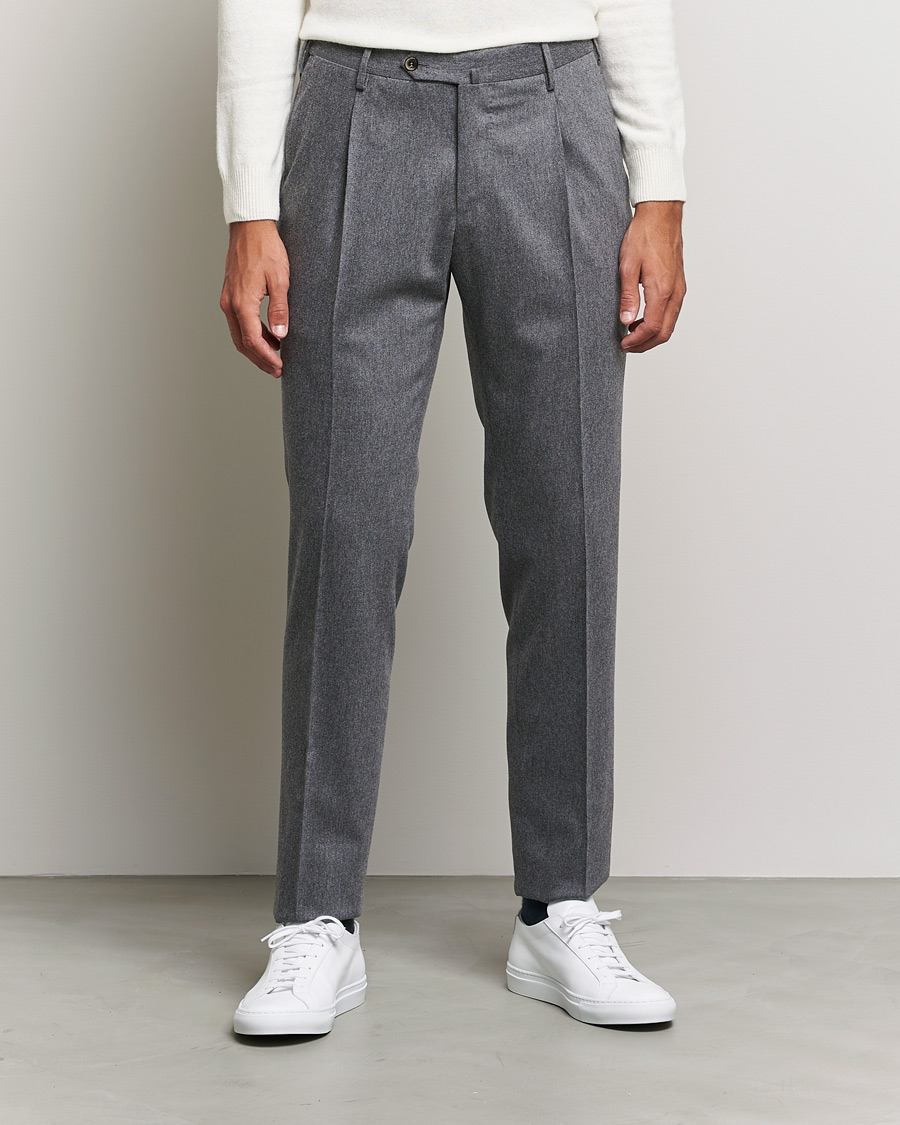 Uomini | Pantaloni | PT01 | Slim Fit Pleated Flannel Trousers Light Grey