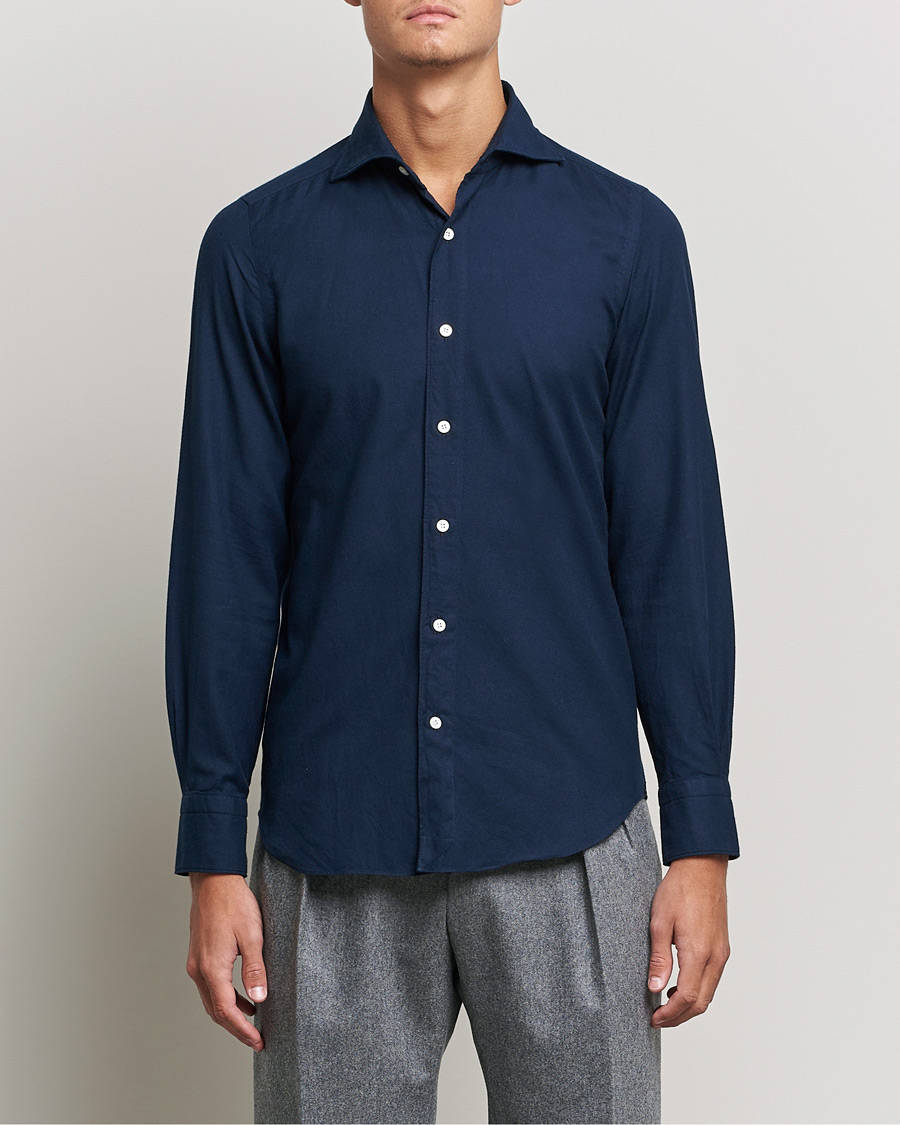 Uomini | Camicie | Finamore Napoli | Tokyo Slim Flannel Shirt Navy