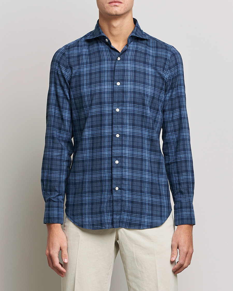 Uomini | Camicie | Finamore Napoli | Tokyo Slim Light Flannel Shirt Navy Check