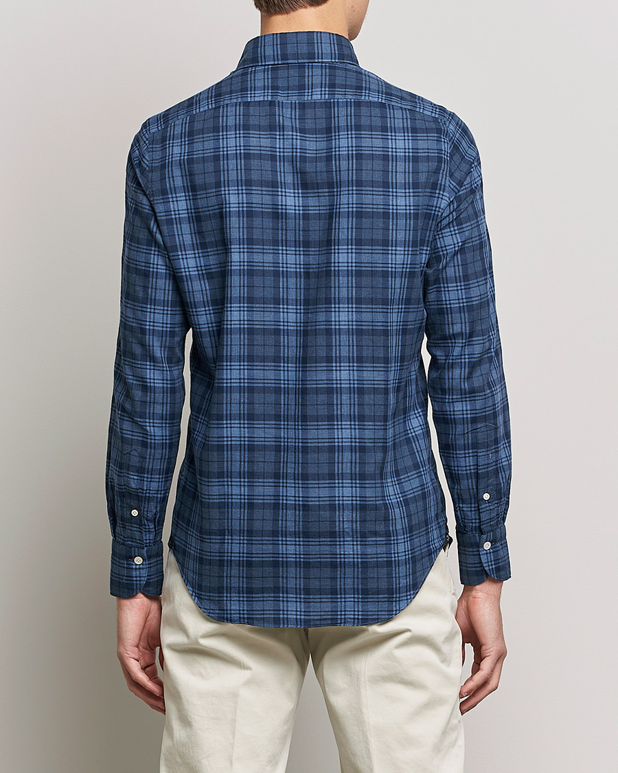 Uomini | Camicie | Finamore Napoli | Tokyo Slim Light Flannel Shirt Navy Check