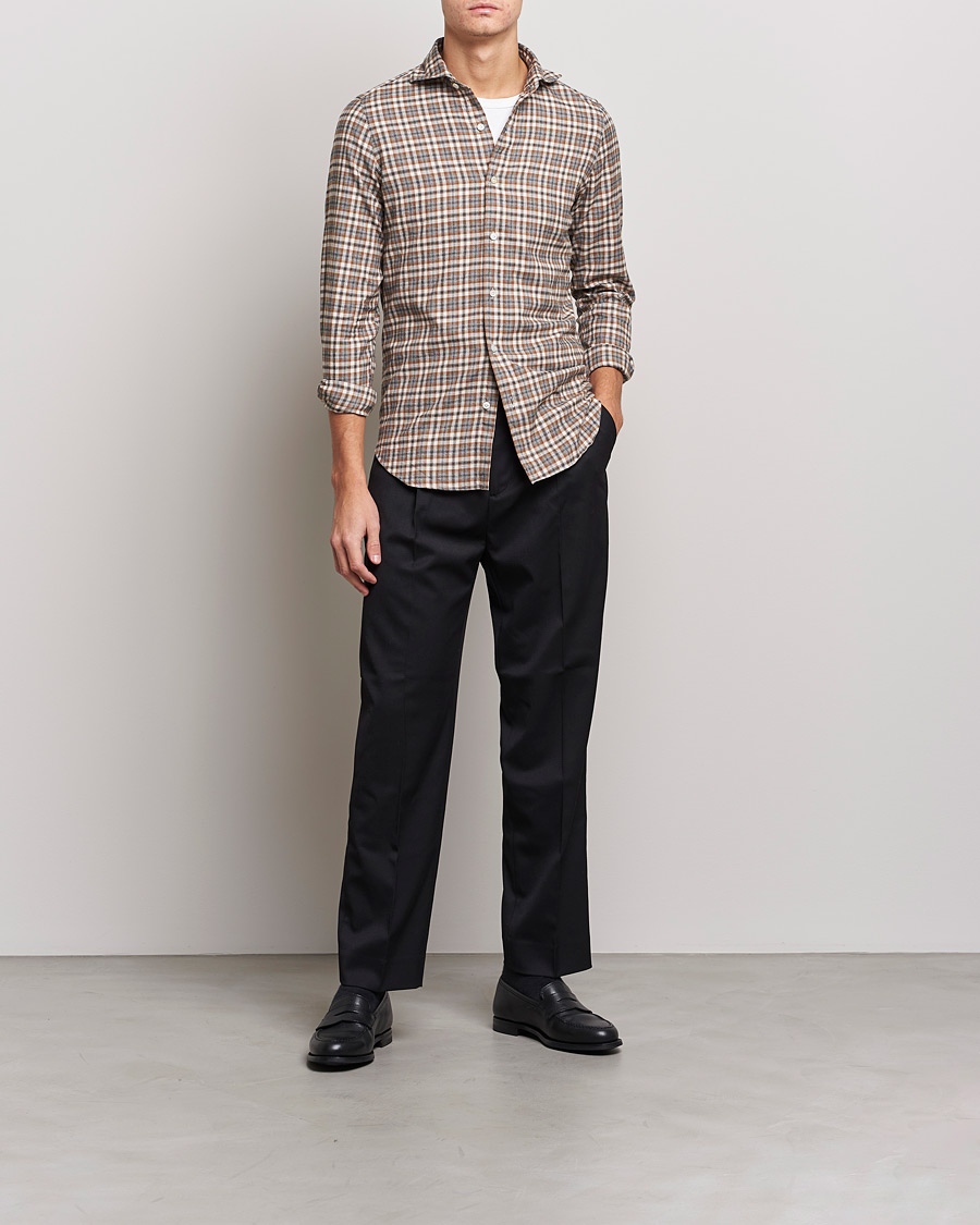 Uomini | Camicie | Finamore Napoli | Tokyo Slim Light Flannel Shirt Brown Check