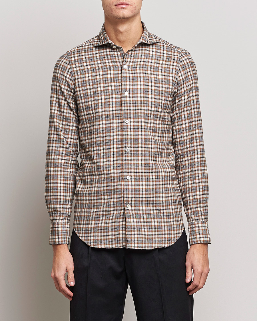 Uomini | Camicie | Finamore Napoli | Tokyo Slim Light Flannel Shirt Brown Check