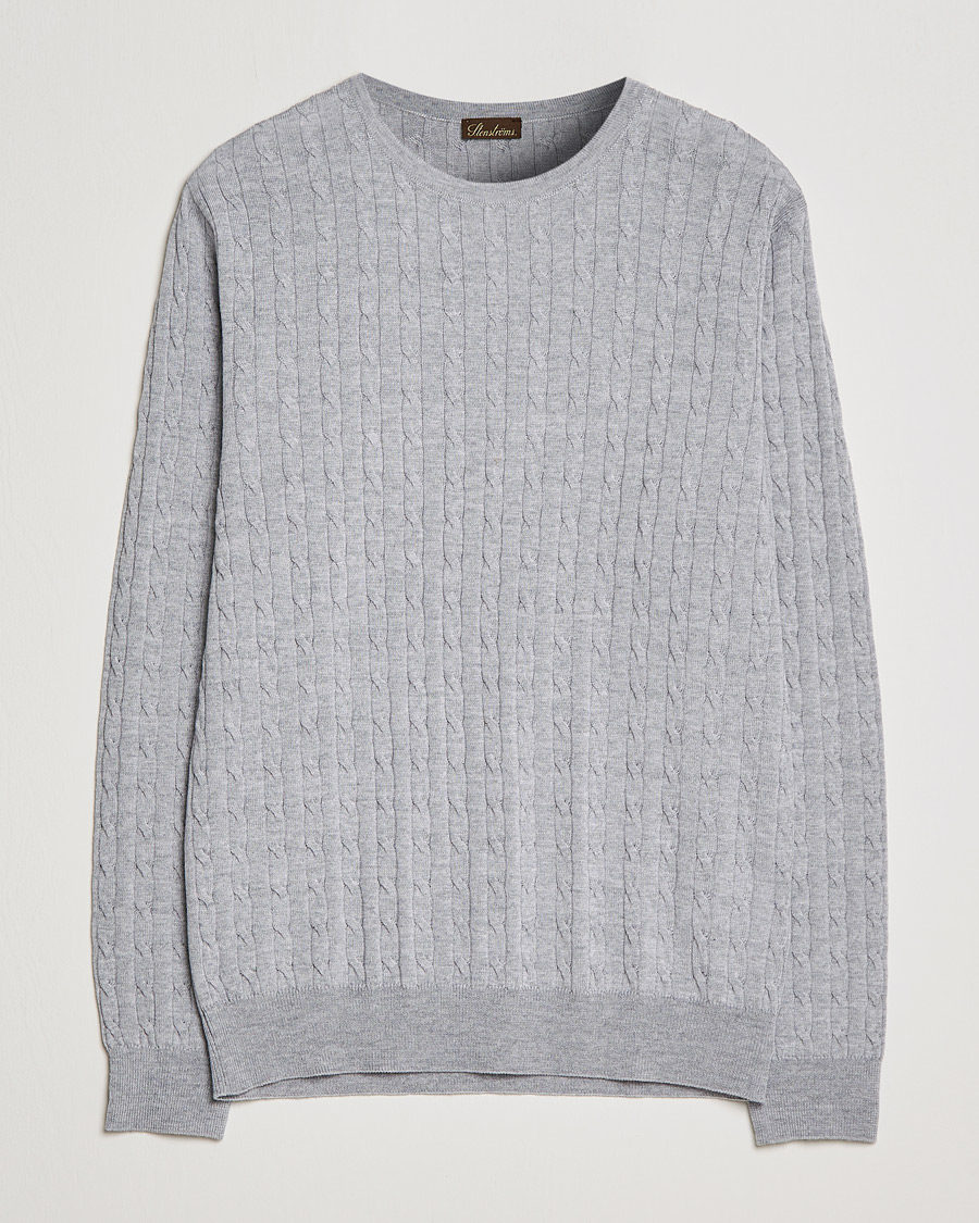 Uomini | Maglieria | Stenströms | Merino Cable Crew Neck Light Grey
