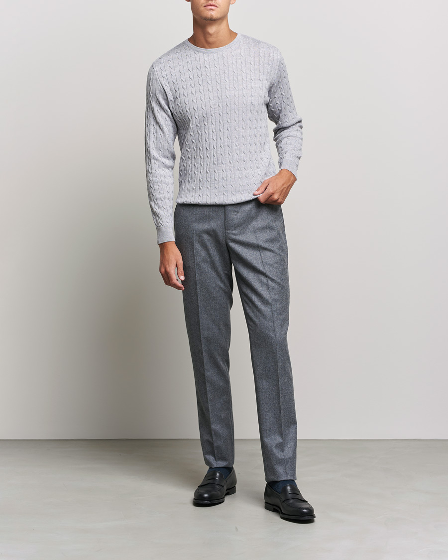Uomini | Maglieria | Stenströms | Merino Cable Crew Neck Light Grey