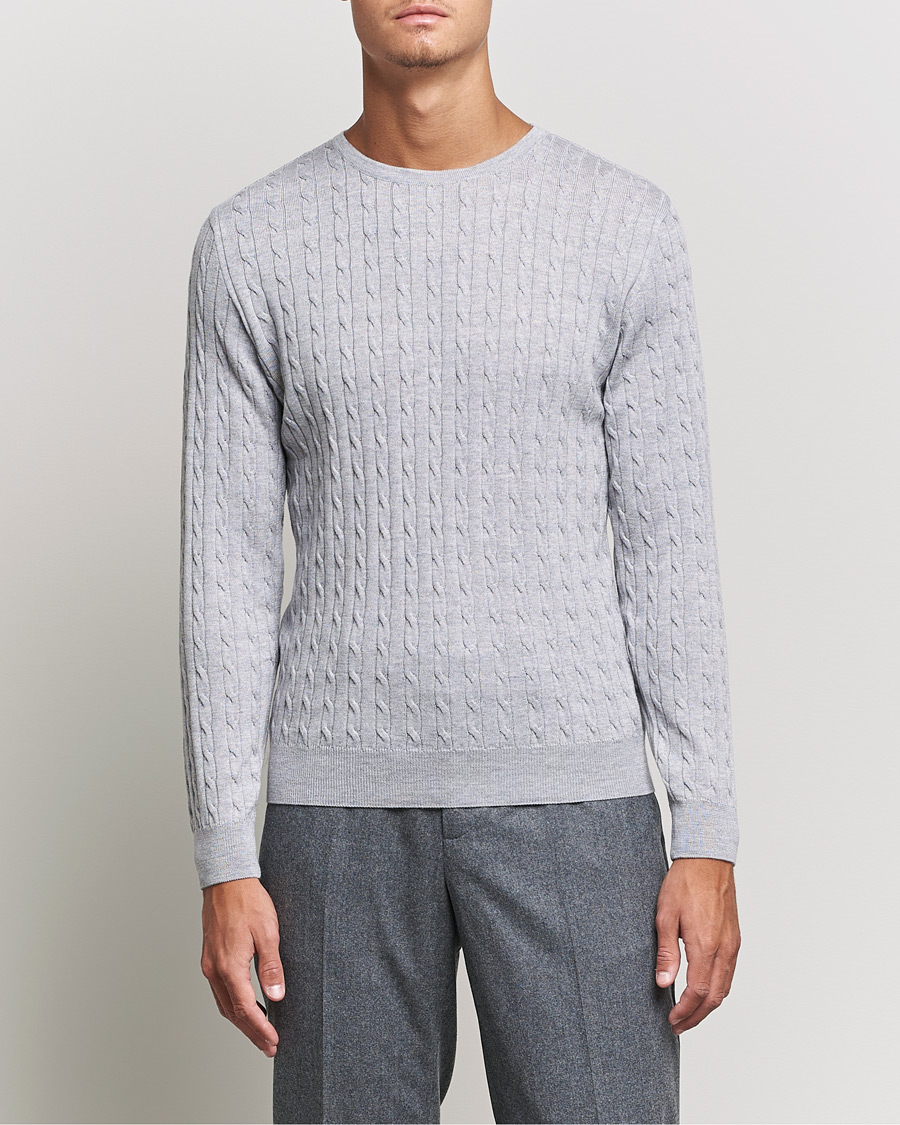 Uomini | Maglieria | Stenströms | Merino Cable Crew Neck Light Grey