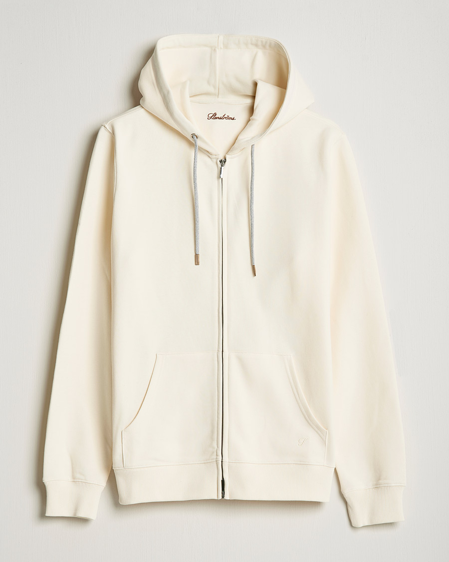 Uomini | Maglieria | Stenströms | Cotton Jersey Full Zip Hoodie Creme White