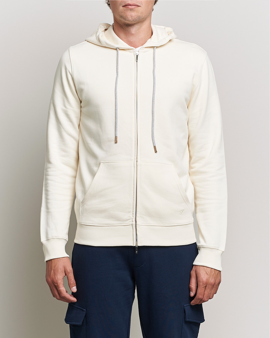 Uomini | Maglieria | Stenströms | Cotton Jersey Full Zip Hoodie Creme White