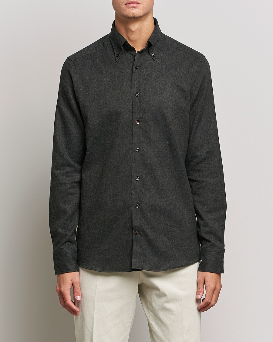 Uomini | Camicie | Stenströms | Slimline Flannel Shirt Dark Green