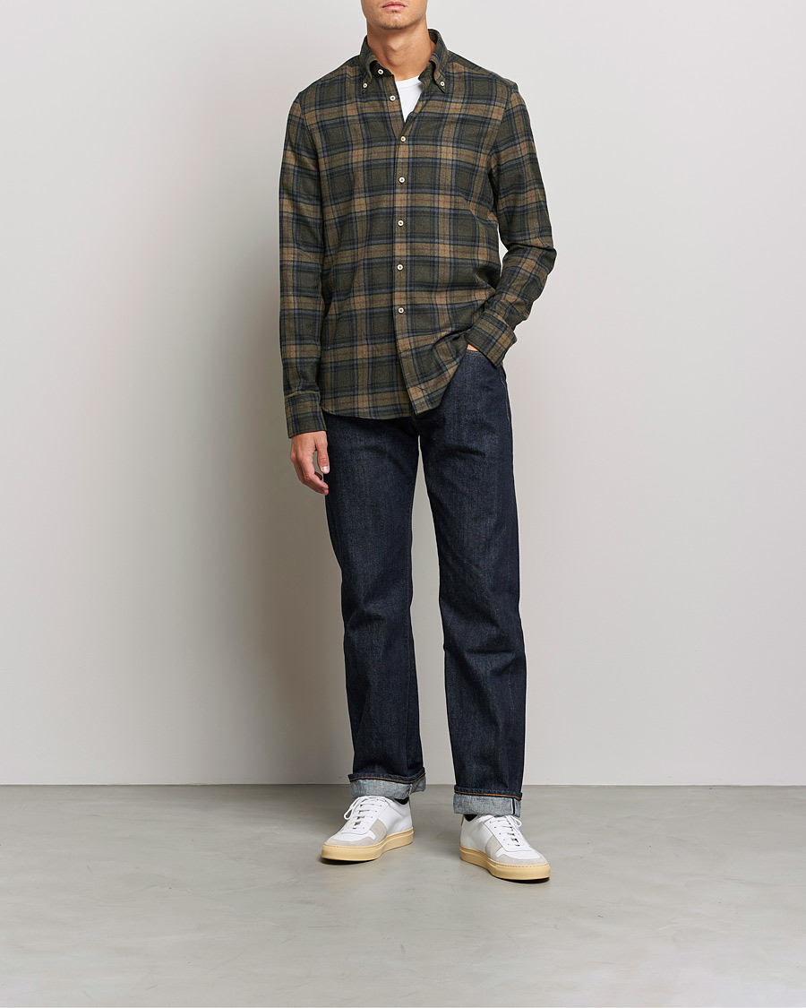 Uomini | Camicie | Stenströms | Slimline Checked Flannel Shirt Dark Green
