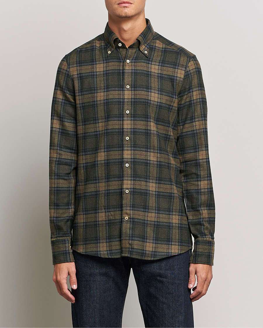 Uomini | Camicie | Stenströms | Slimline Checked Flannel Shirt Dark Green