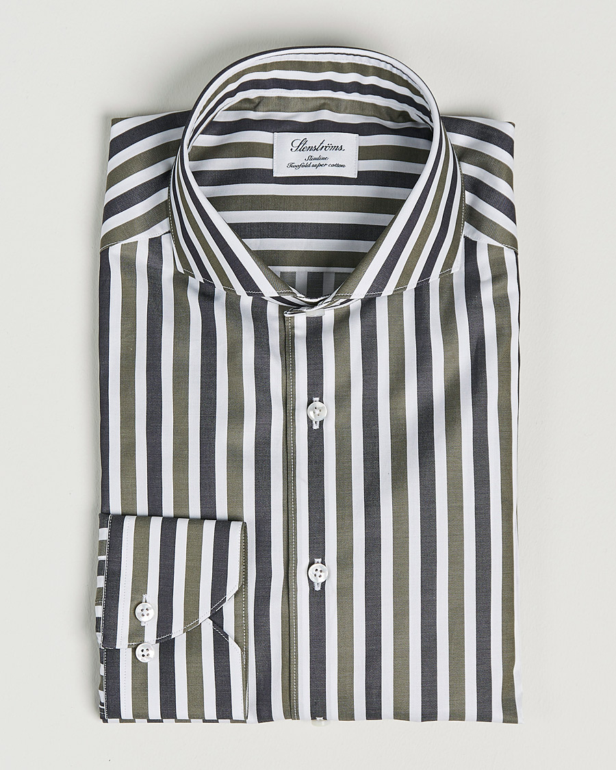 Uomini | Camicie | Stenströms | Slimline Cut Away Wide Striped Shirt Blue/Green