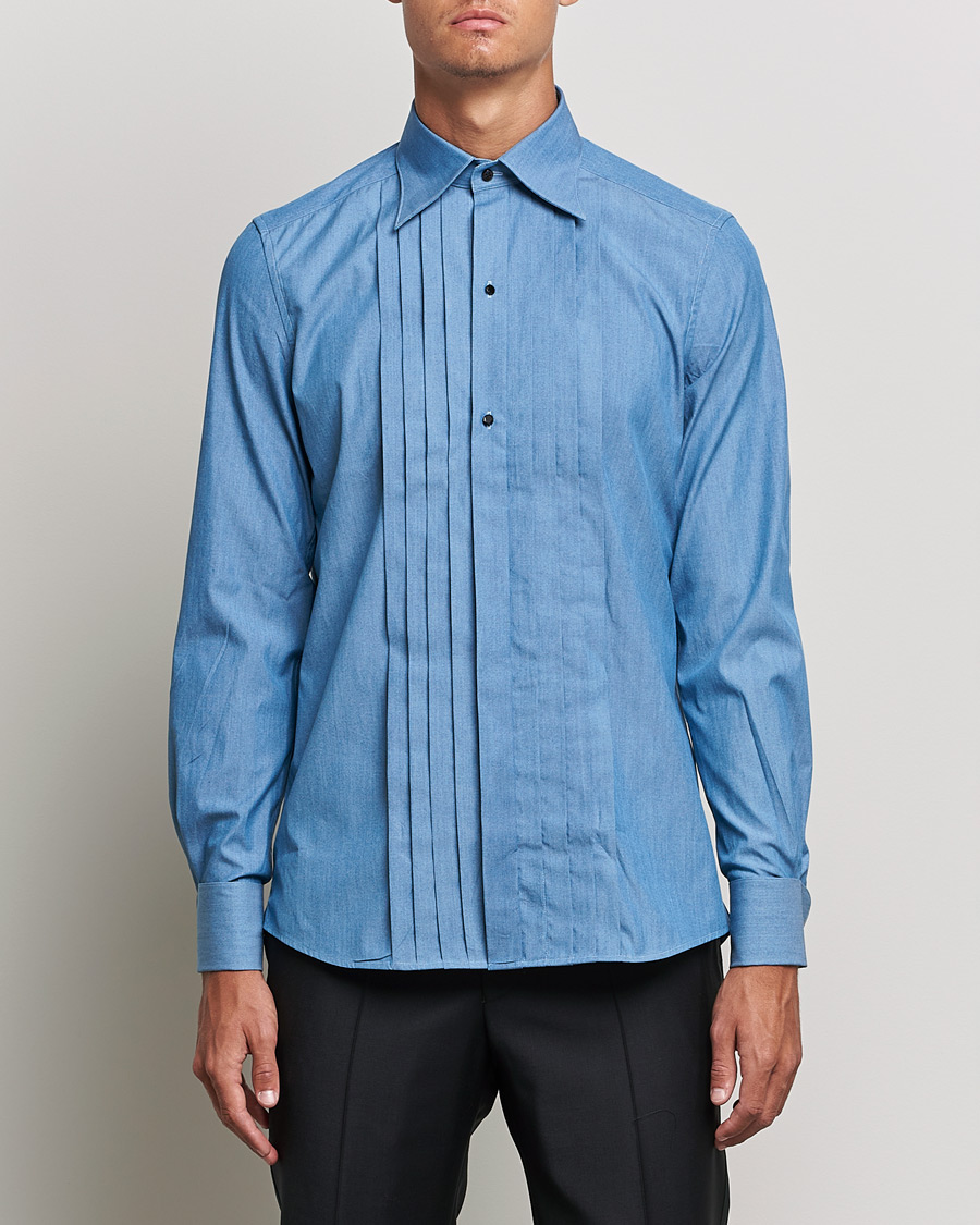 Uomini | Camicie | Stenströms | 1899 Slimline Denim Tuxedo Shirt Blue