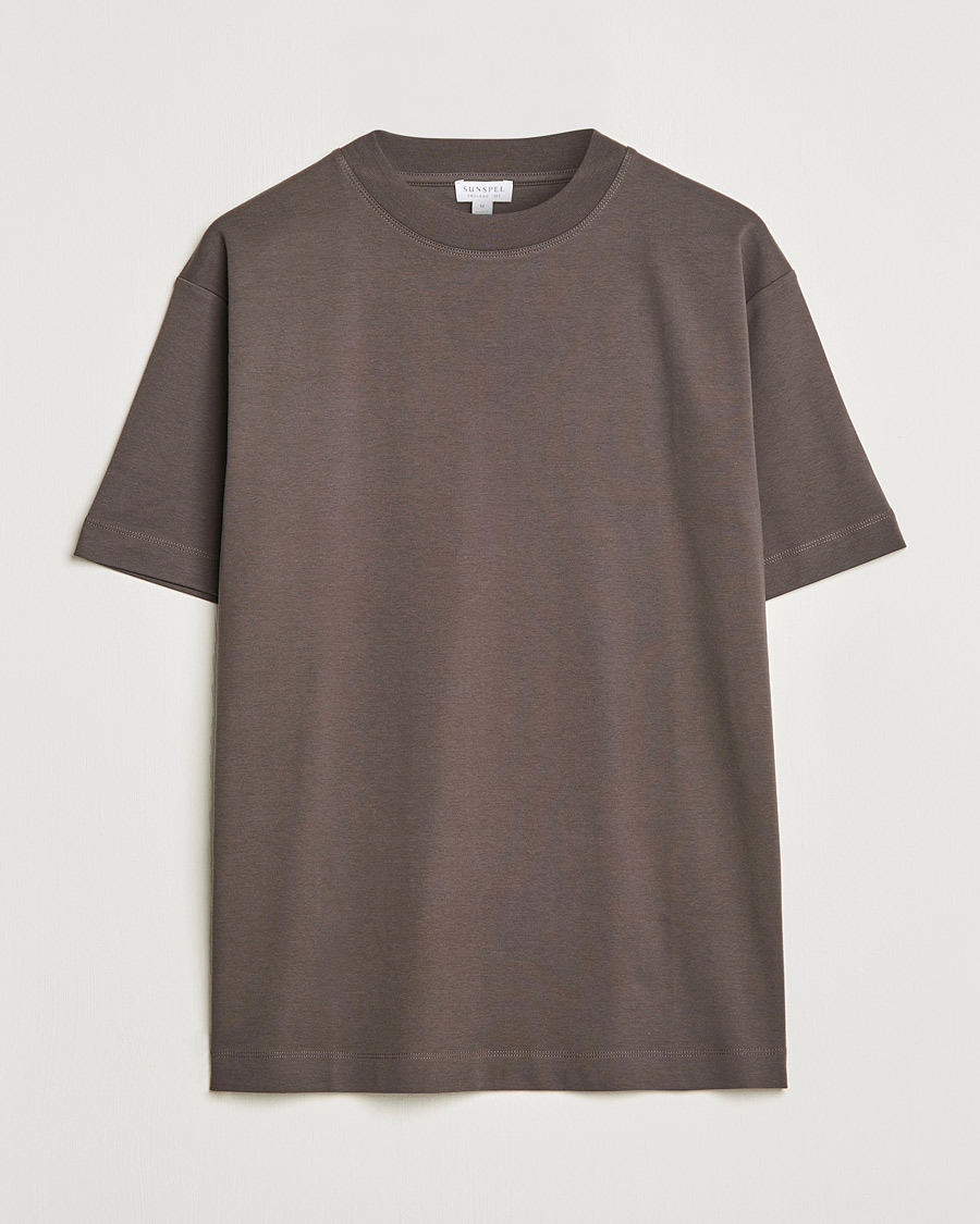 Uomini | T-shirt | Sunspel | Brushed Cotton Mock Neck Tee Dark Walnut