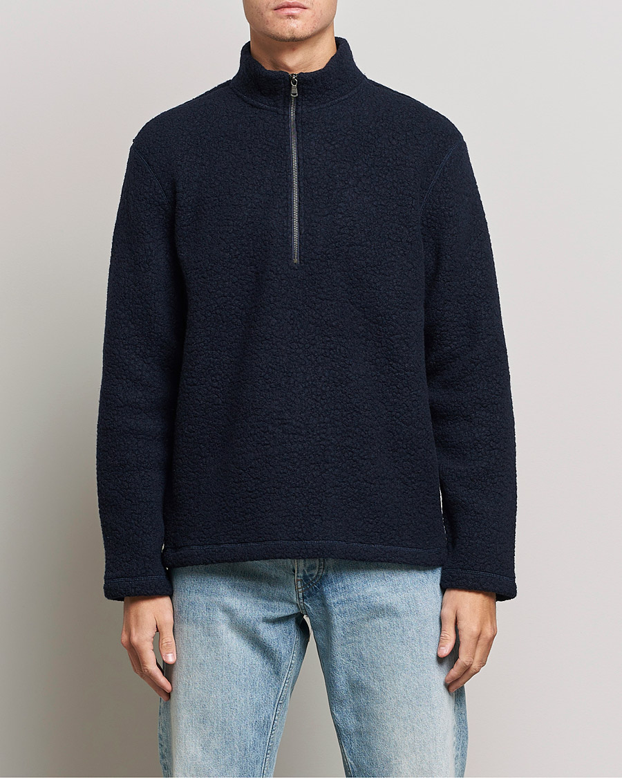 Uomini | Maglieria | Sunspel | Eco Wool Half Zip Fleece Navy