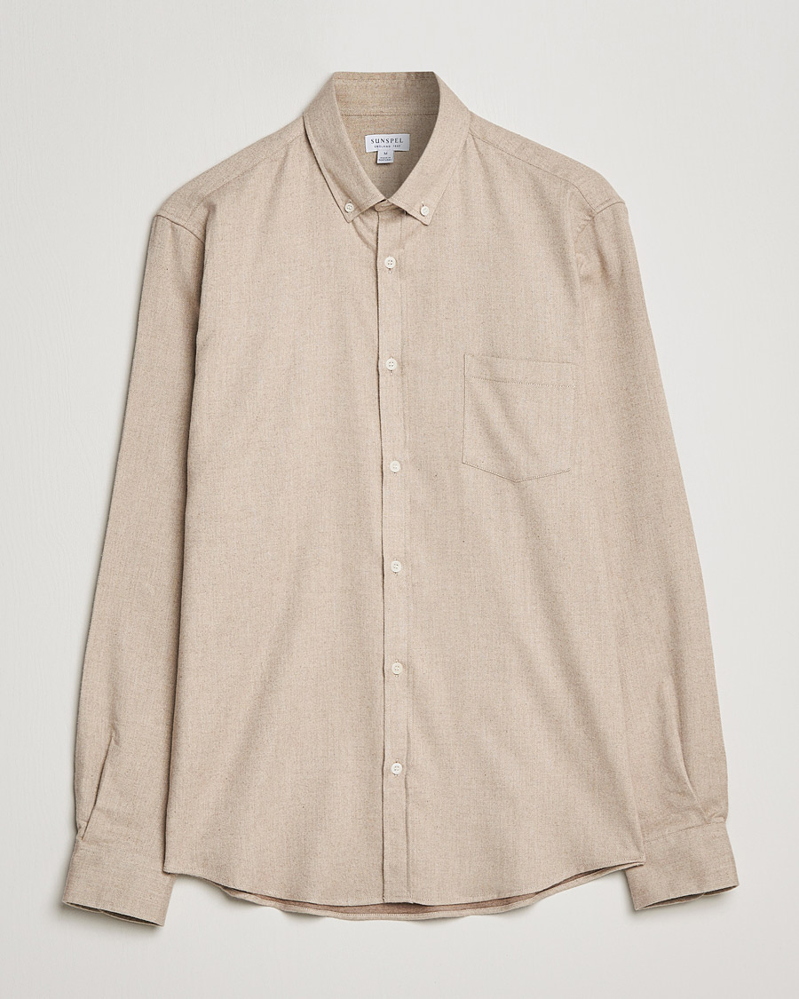 Uomini | Camicie | Sunspel | Brushed Cotton Flannel Shirt Oatmeal Melange
