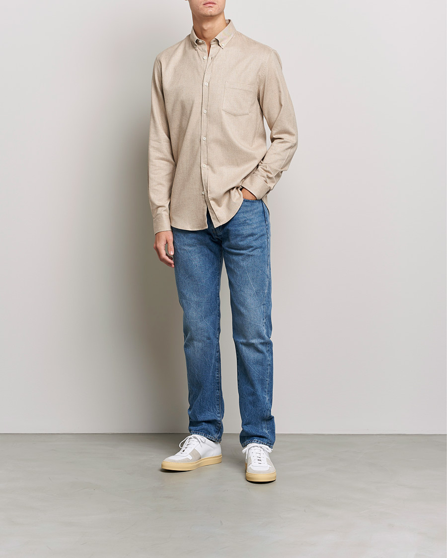 Uomini | Camicie | Sunspel | Brushed Cotton Flannel Shirt Oatmeal Melange