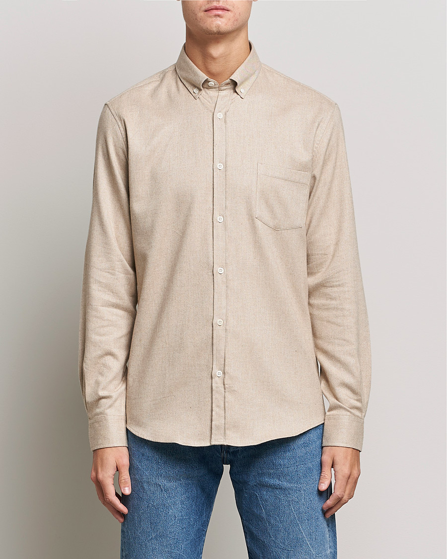 Uomini | Camicie | Sunspel | Brushed Cotton Flannel Shirt Oatmeal Melange