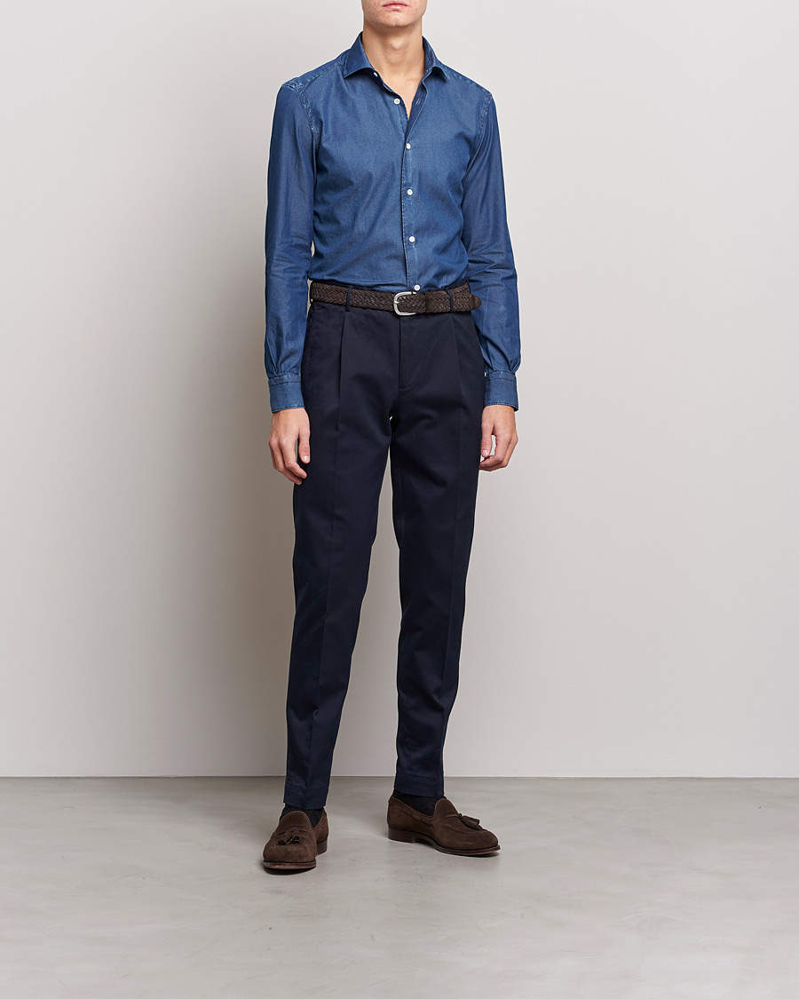 Uomini | Camicie | Mazzarelli | Soft Denim Shirt Dark Indigo