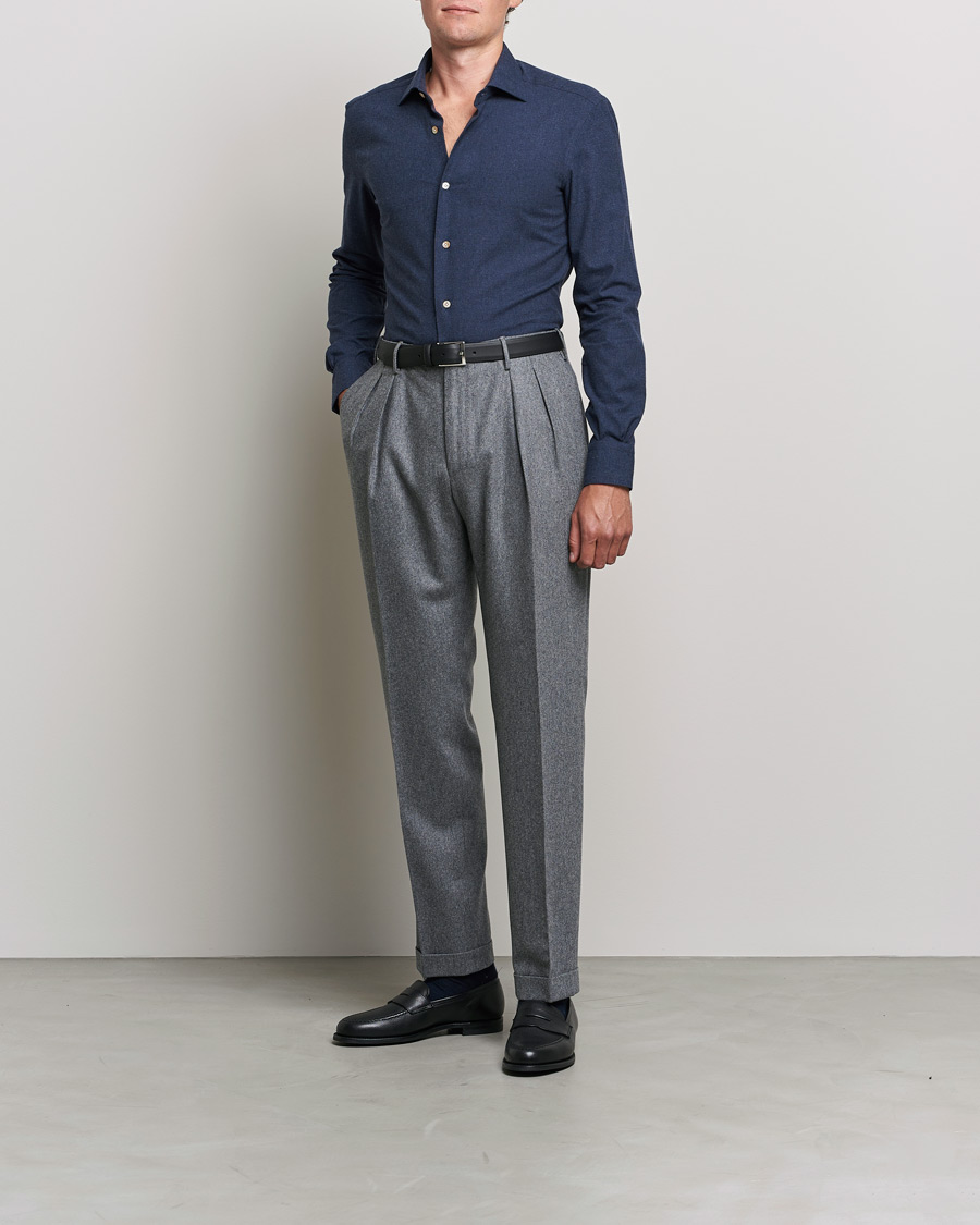 Uomini | Camicie | Mazzarelli | Soft Flannel Shirt Navy