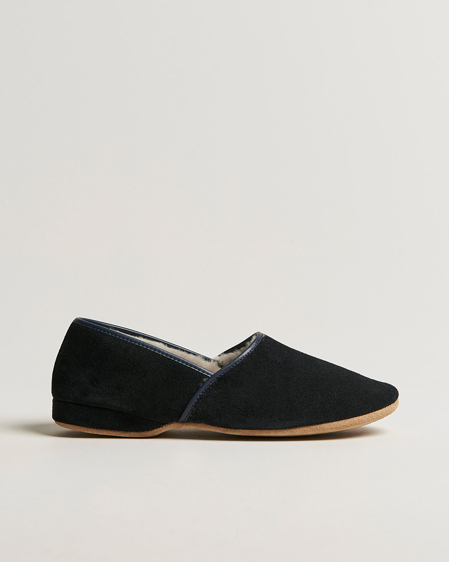 Uomini | Derek Rose Crawford Sheepskin Suede Slippers Navy | Derek Rose | Crawford Sheepskin Suede Slippers Navy