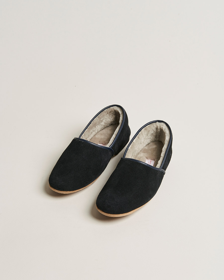 Uomini | Derek Rose Crawford Sheepskin Suede Slippers Navy | Derek Rose | Crawford Sheepskin Suede Slippers Navy