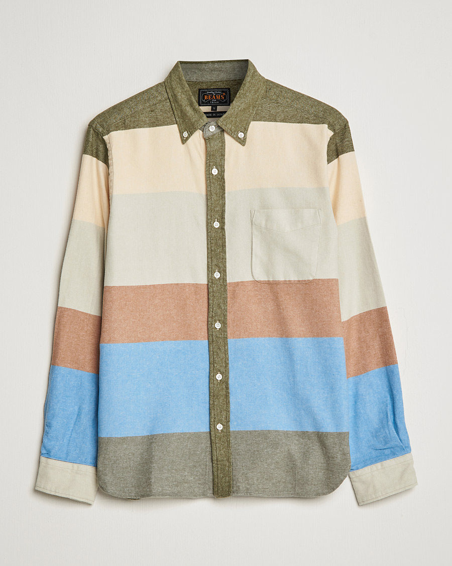 Uomini | Camicie | BEAMS PLUS | Flannel Multi Stripe Shirt Olive/Cream