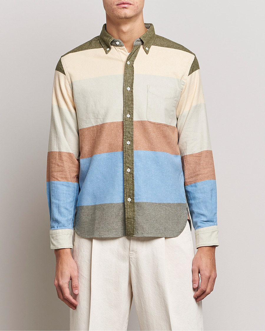 Uomini | Camicie | BEAMS PLUS | Flannel Multi Stripe Shirt Olive/Cream