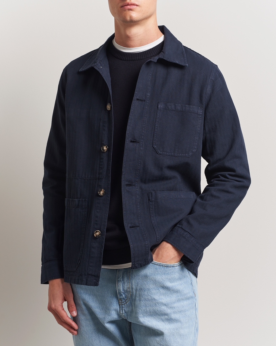 Uomini | Camicie | A Day's March | Herringbone Overshirt Navy