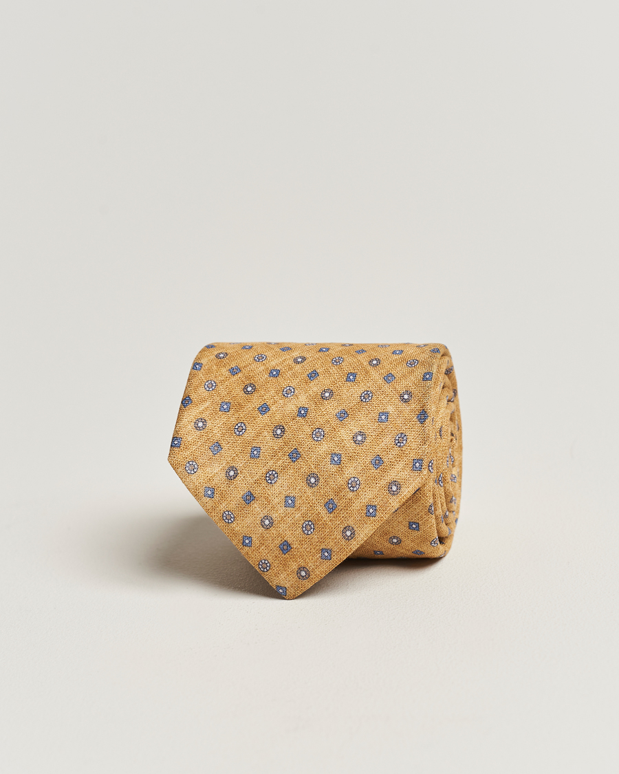 Uomini | Amanda Christensen Linen Printed Medallion 8cm Tie Yellow | Amanda Christensen | Linen Printed Medallion 8cm Tie Yellow