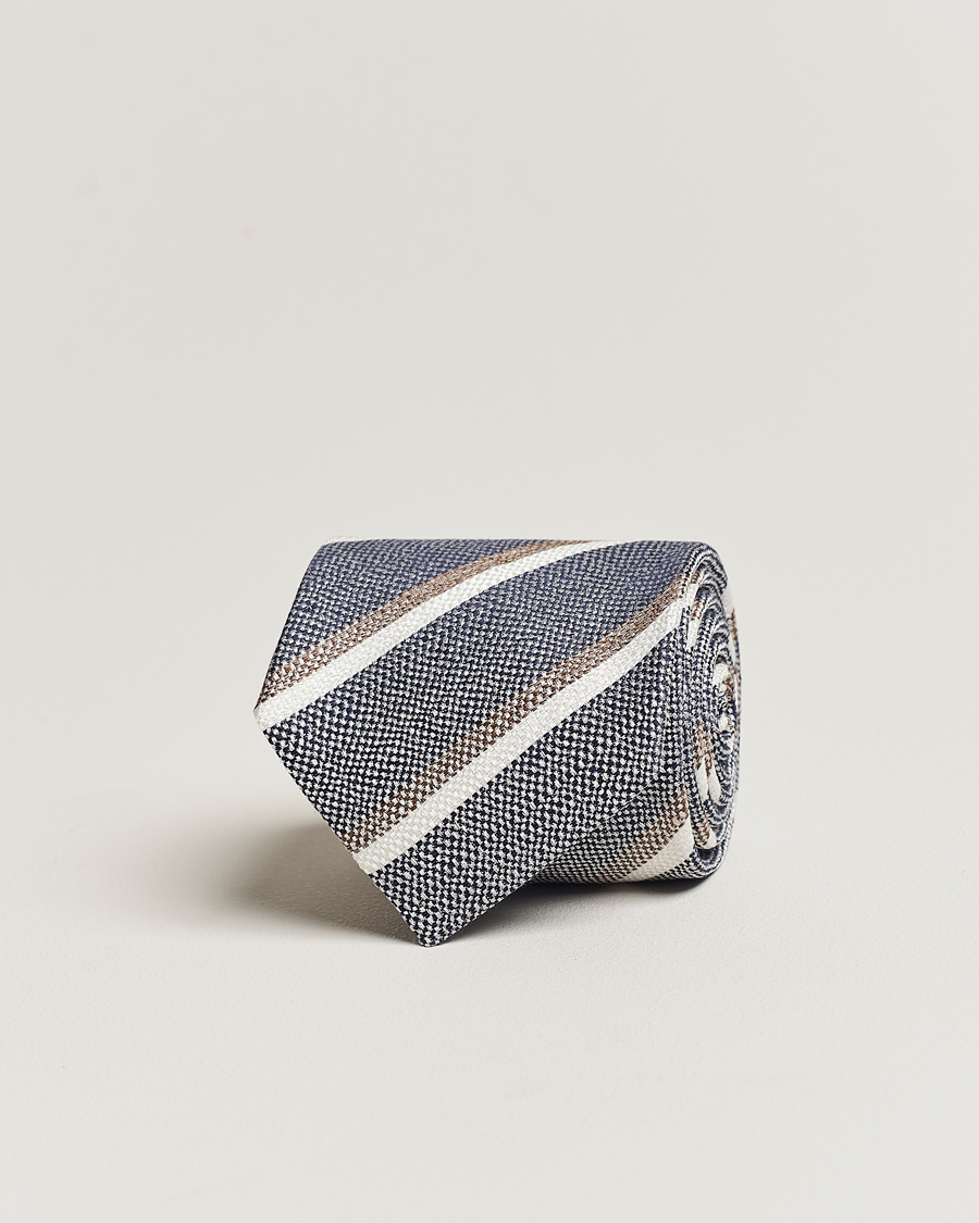 Uomini | Amanda Christensen Silk/Linen Striped 8cm Tie Navy | Amanda Christensen | Silk/Linen Striped 8cm Tie Navy