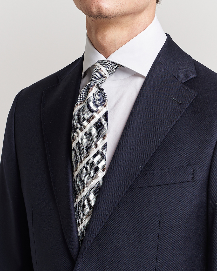 Uomini | Amanda Christensen Silk/Linen Striped 8cm Tie Navy | Amanda Christensen | Silk/Linen Striped 8cm Tie Navy