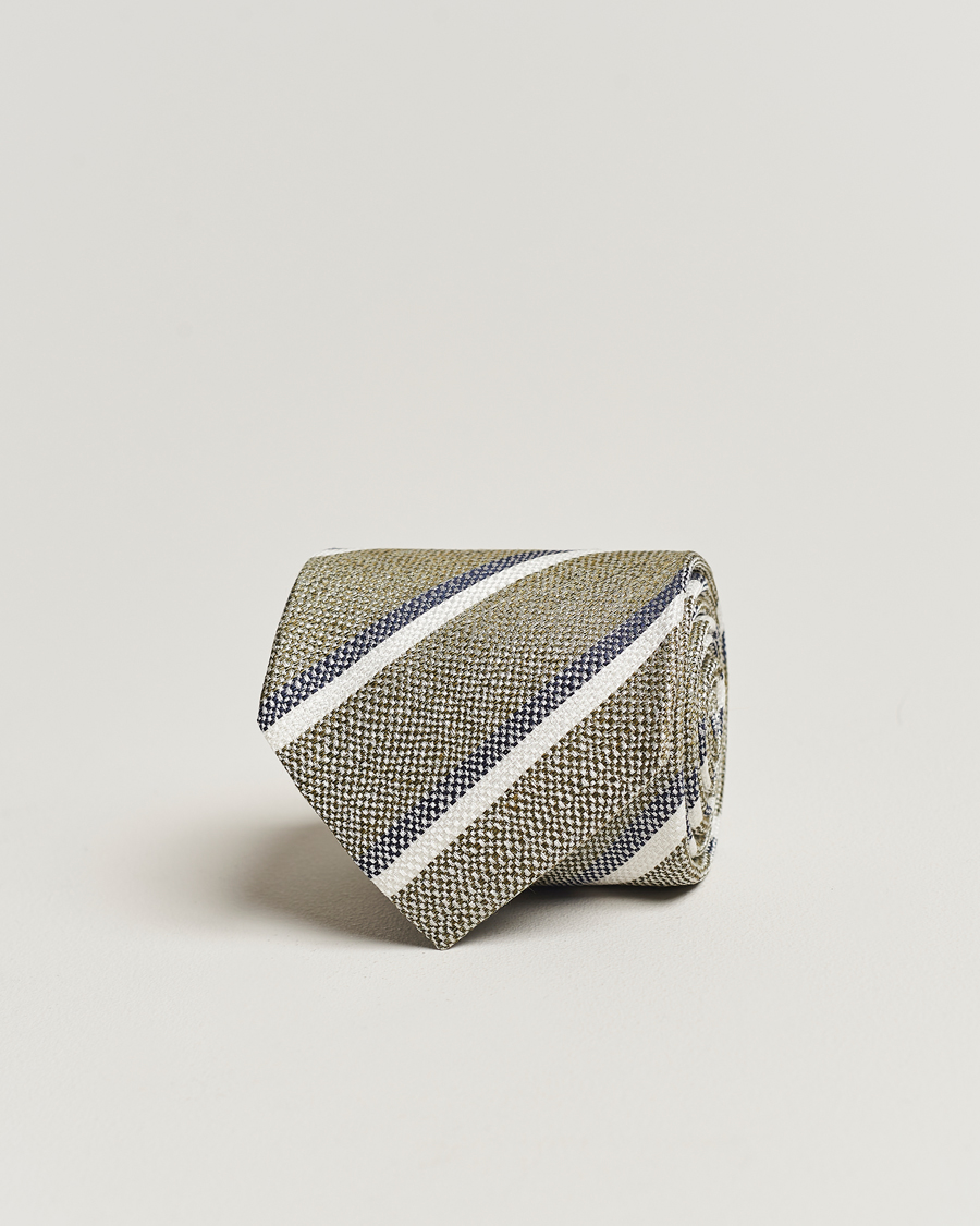 Uomini | Amanda Christensen Silk/Linen Striped 8cm Tie Olive | Amanda Christensen | Silk/Linen Striped 8cm Tie Olive