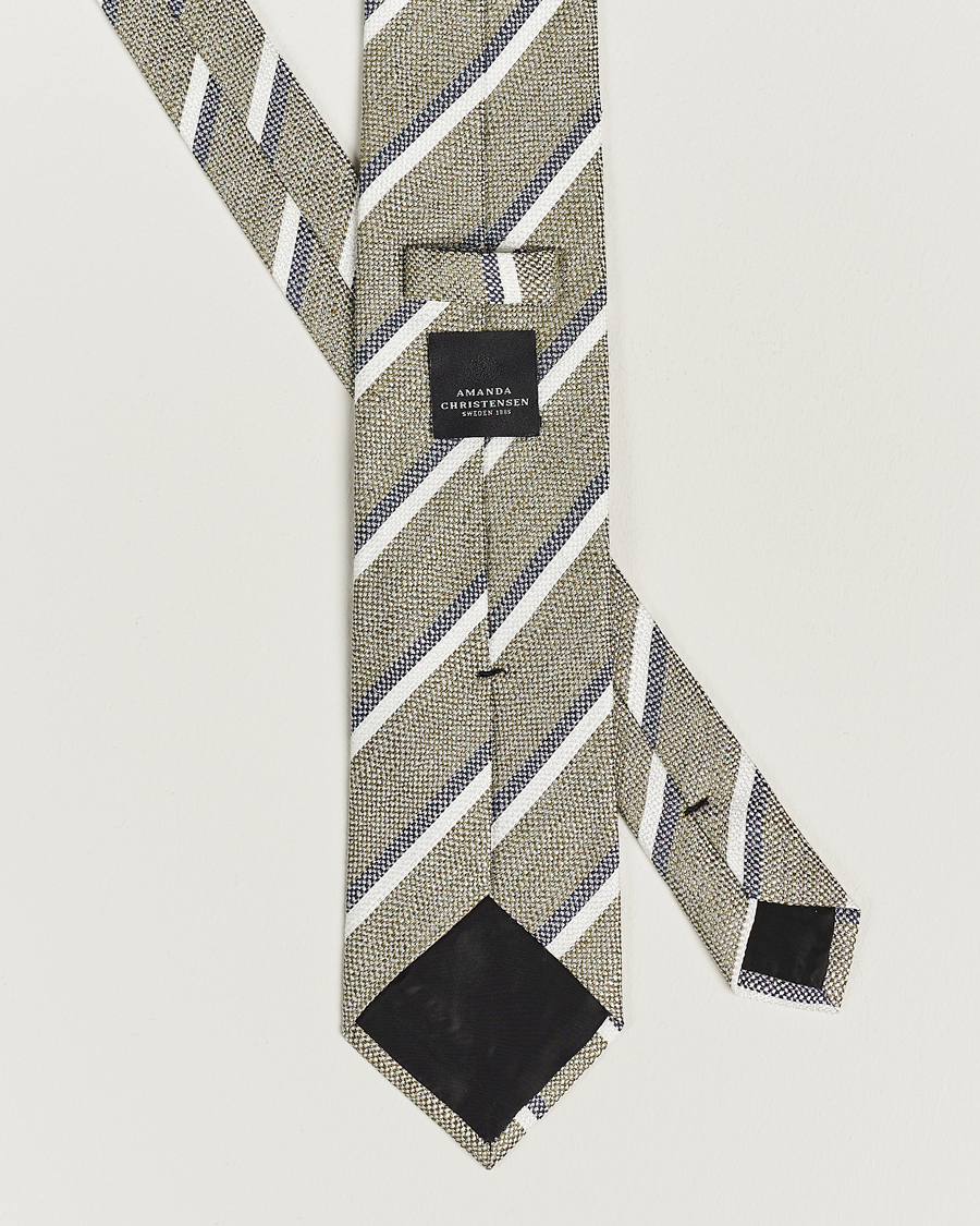 Uomini | Amanda Christensen Silk/Linen Striped 8cm Tie Olive | Amanda Christensen | Silk/Linen Striped 8cm Tie Olive