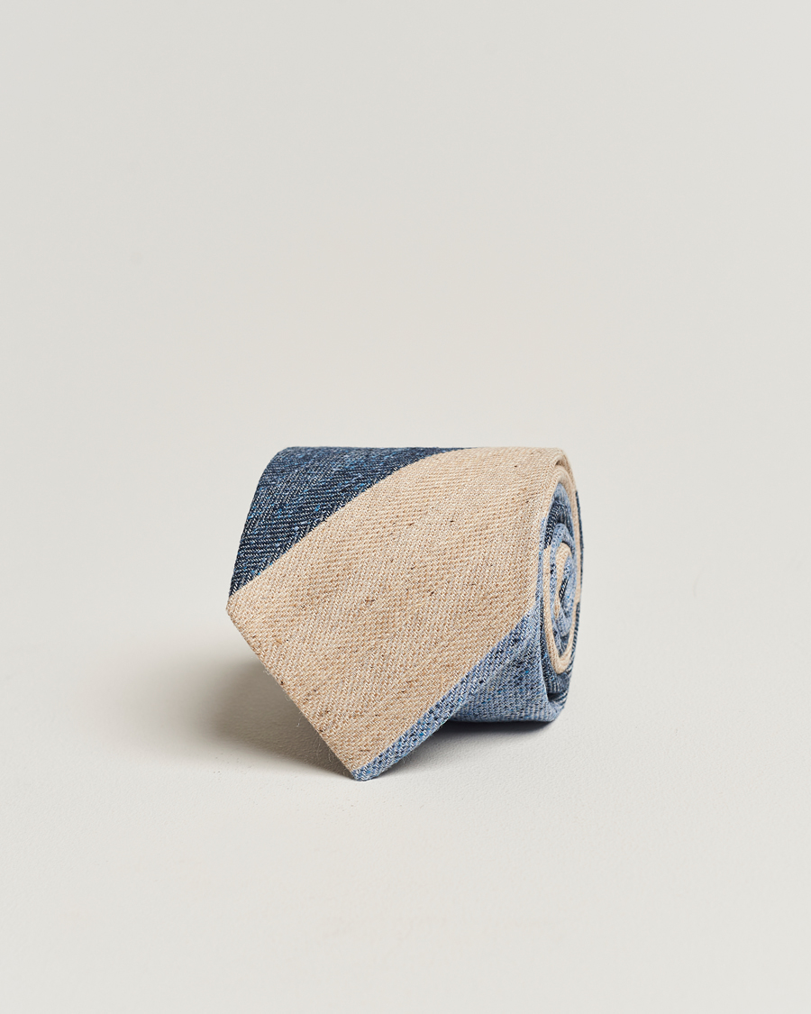 Uomini | Amanda Christensen Silk/Linen/Cotton Block Striped 8cm Tie Navy/Blue/Beige | Amanda Christensen | Silk/Linen/Cotton Block Striped 8cm Tie Navy/Blue/Beige