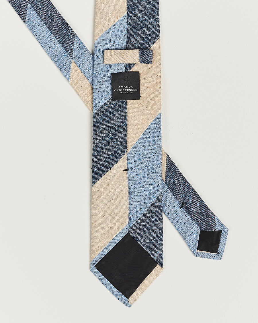 Uomini | Amanda Christensen Silk/Linen/Cotton Block Striped 8cm Tie Navy/Blue/Beige | Amanda Christensen | Silk/Linen/Cotton Block Striped 8cm Tie Navy/Blue/Beige