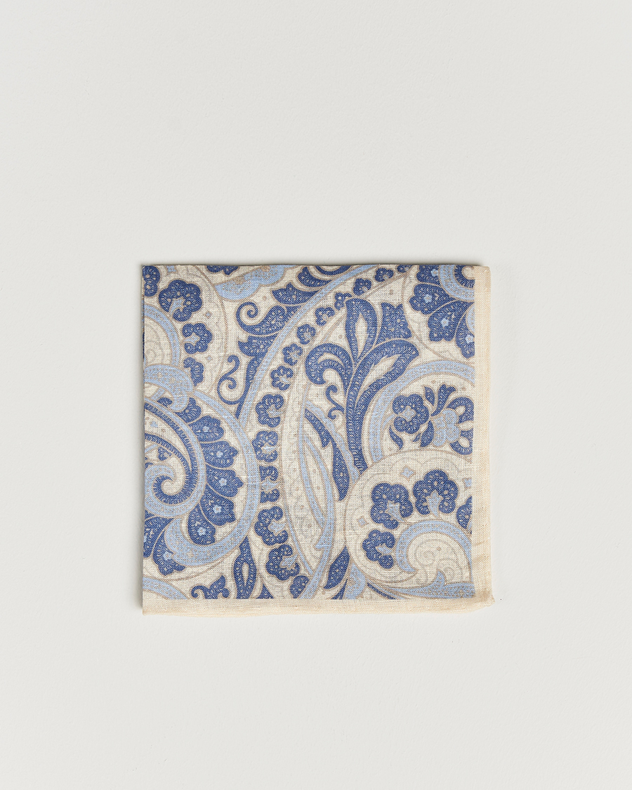 Uomini | Amanda Christensen Linen Printed Large Paisley Pocket Square Cream | Amanda Christensen | Linen Printed Large Paisley Pocket Square Cream