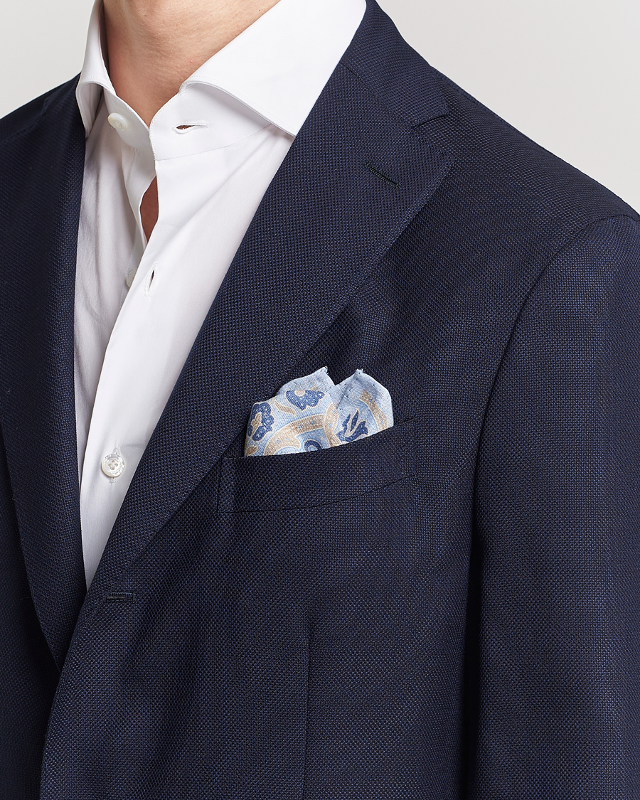 Uomini | Amanda Christensen Linen Printed Large Paisley Pocket Square Blue | Amanda Christensen | Linen Printed Large Paisley Pocket Square Blue