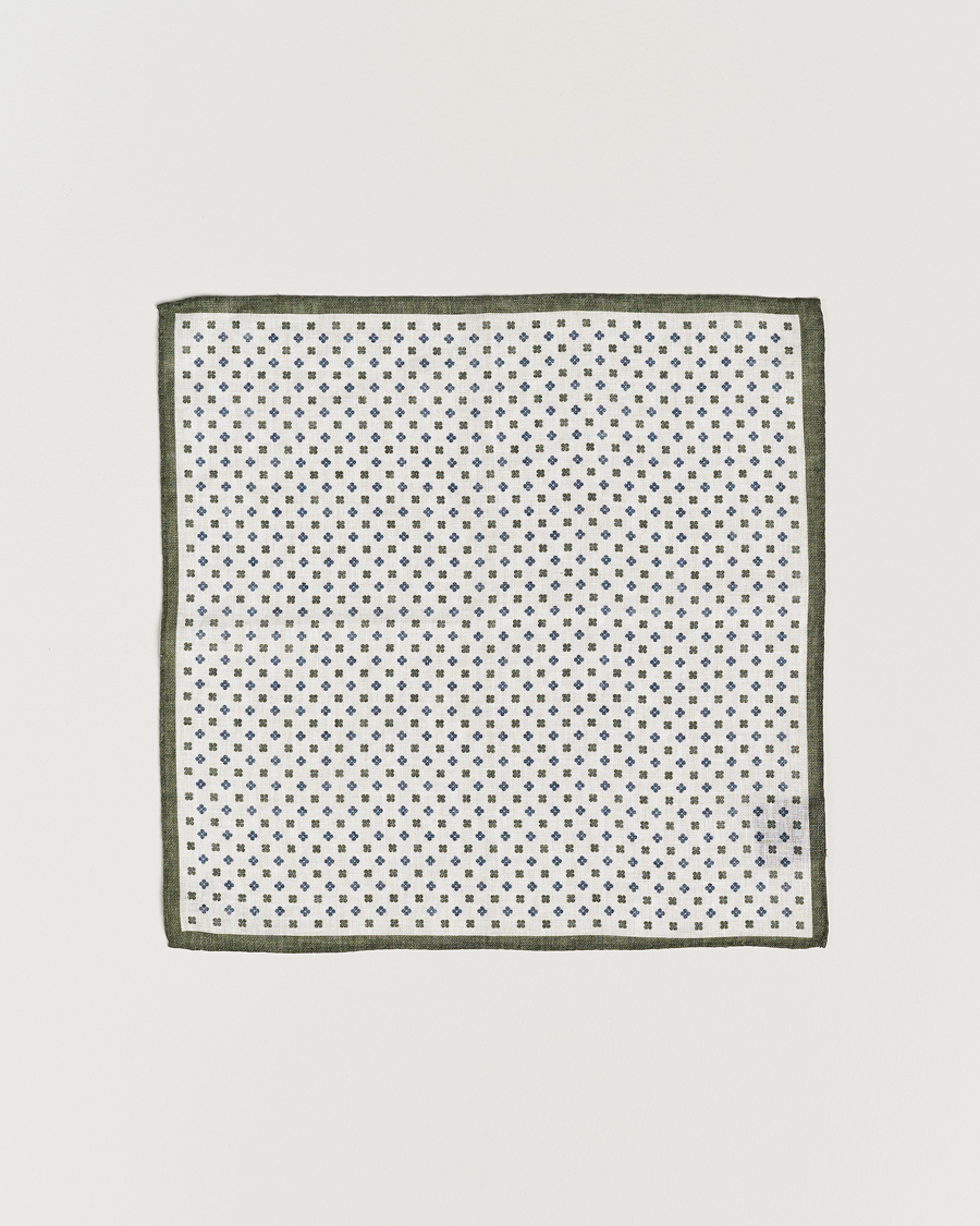 Uomini | Amanda Christensen Linen Paspoal Printed Flower Pocket Square White/Green | Amanda Christensen | Linen Paspoal Printed Flower Pocket Square White/Green