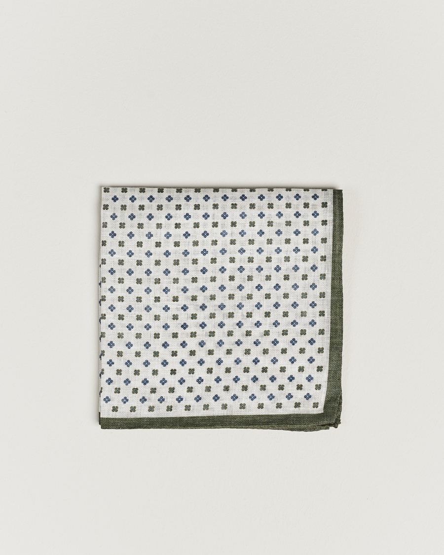 Uomini | Amanda Christensen Linen Paspoal Printed Flower Pocket Square White/Green | Amanda Christensen | Linen Paspoal Printed Flower Pocket Square White/Green