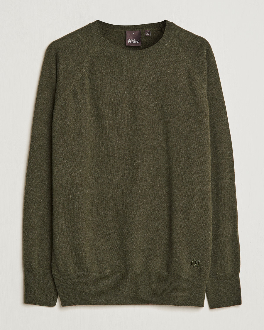Uomini | Maglieria | Oscar Jacobson | Gustaf Lambswool Raglan Crew Neck Moss Green