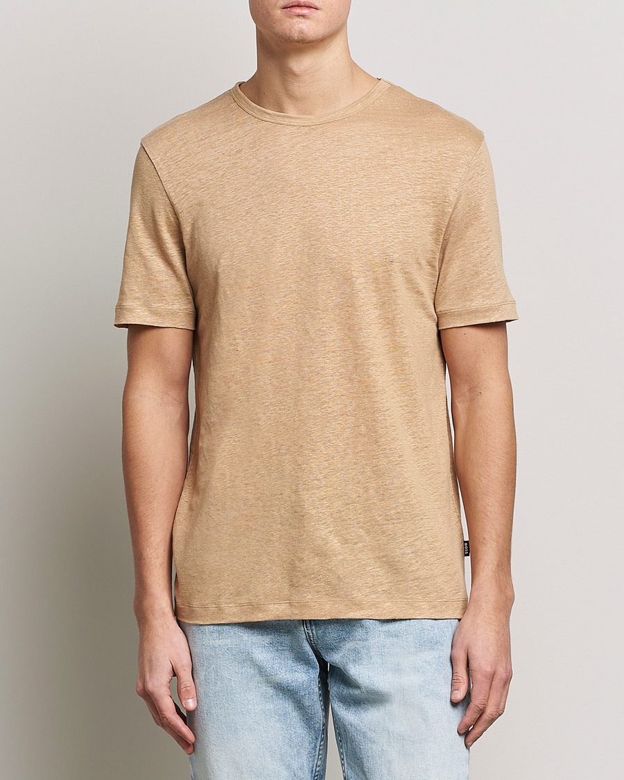 Uomini | T-shirt | BOSS BLACK | Tiburt Linen Crew Neck T-Shirt Medium Beige