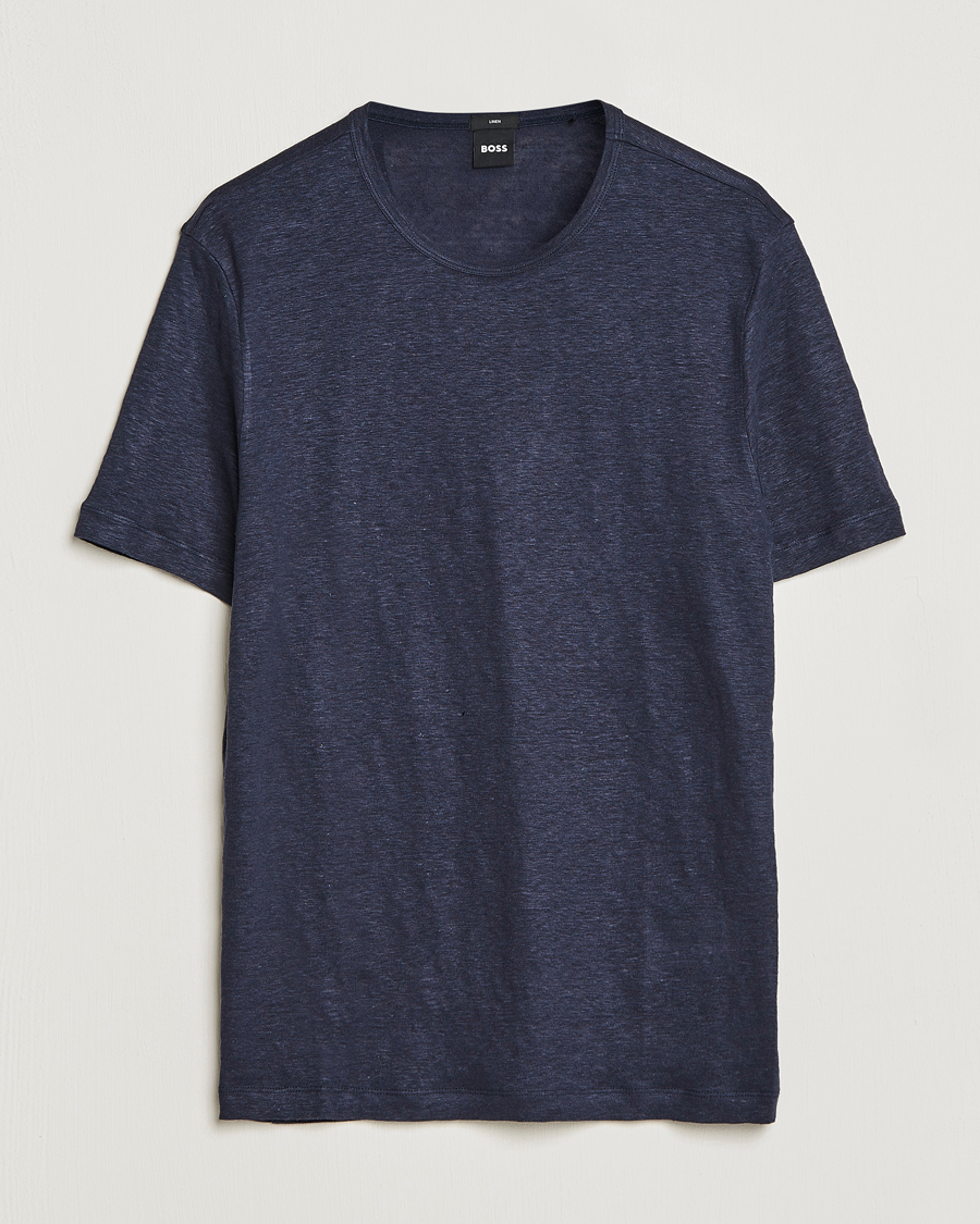 Uomini | T-shirt | BOSS BLACK | Tiburt Linen Crew Neck T-Shirt Dark Blue