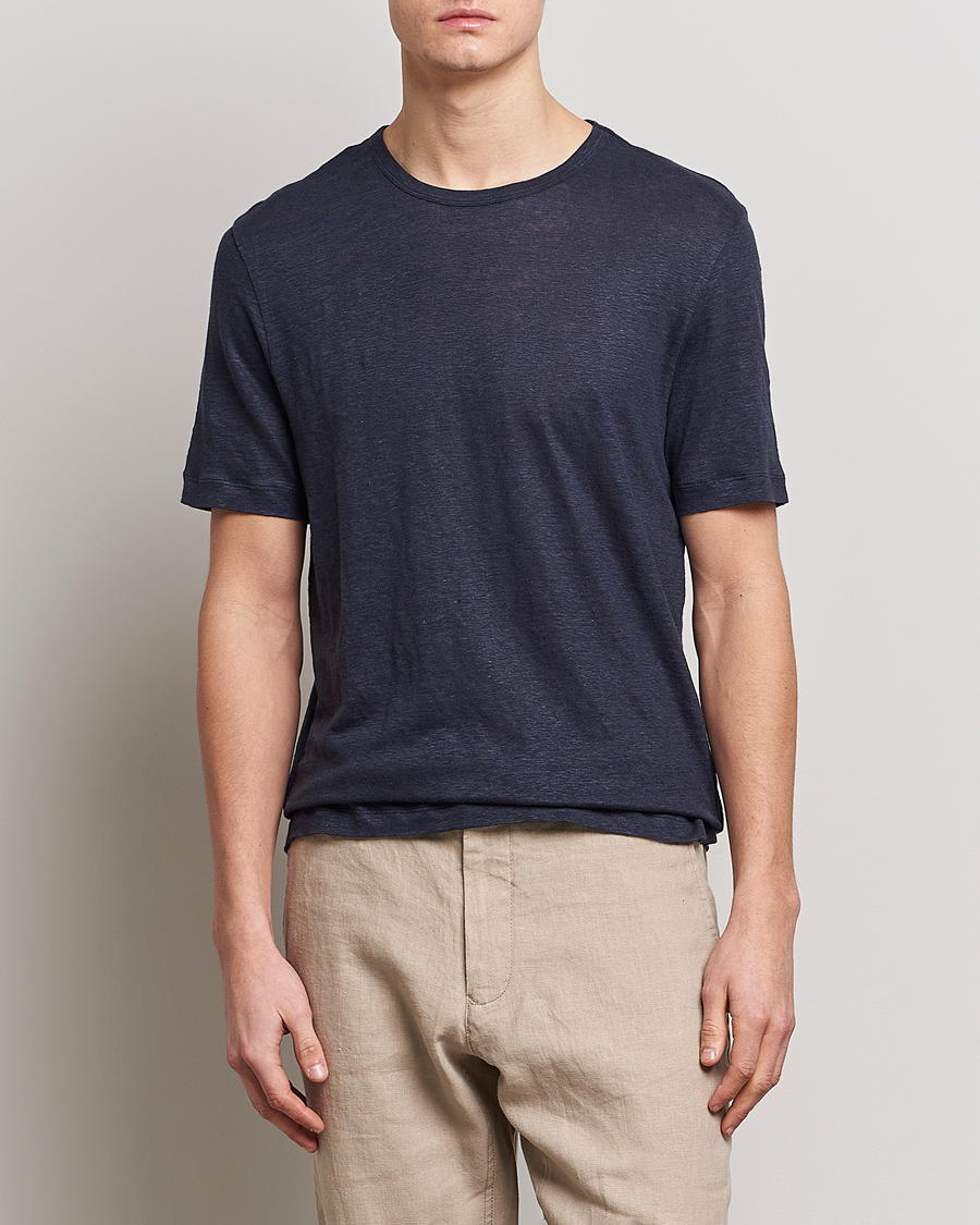 Uomini | T-shirt | BOSS BLACK | Tiburt Linen Crew Neck T-Shirt Dark Blue
