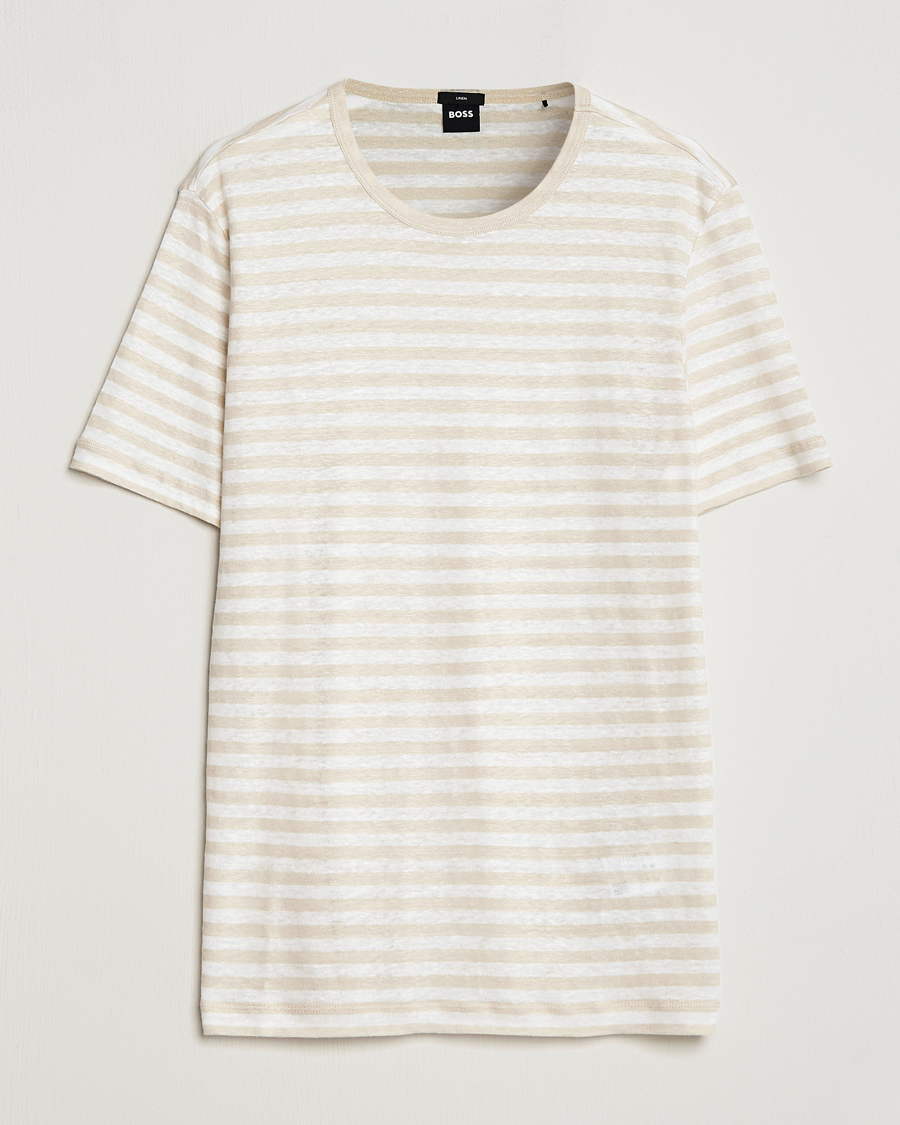 Uomini | T-shirt | BOSS BLACK | Tiburt Striped Linen Crew Neck T-Shirt Open White