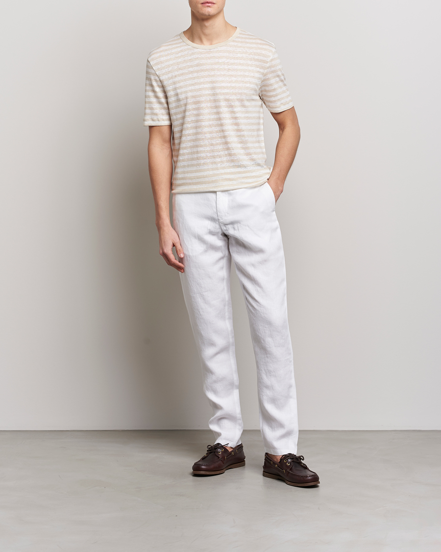 Uomini | T-shirt | BOSS BLACK | Tiburt Striped Linen Crew Neck T-Shirt Open White